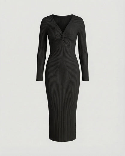 Damen Strickkleid Langärmlig Figurbetont Mit Knoten Detail