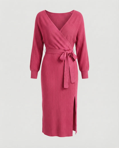Elegantes Damen Strickkleid mit Wickeldesign und Gürtel