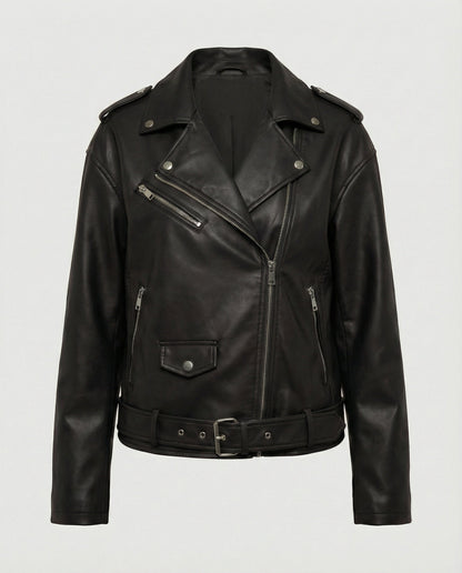 Leder Bikerjacke Damen Reißverschluss Schwarz