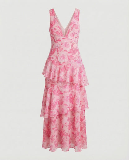 Weibliches Maxikleid Rüschen Tiefes Dekolleté