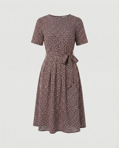 Damen Midi-Kleid Punkte Taillengürtel Elegant - BerlinGlamour