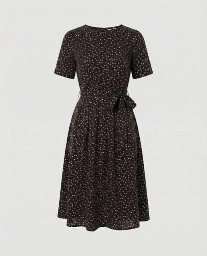 Damen Midi-Kleid Punkte Taillengürtel Elegant