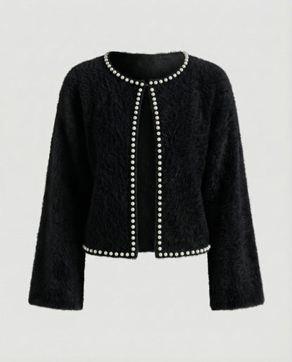 Damen Strickjacke Flauschig mit Perlen Verzierung