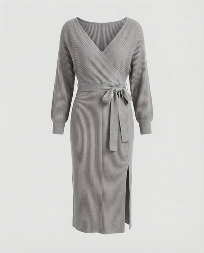 Elegantes Damen Strickkleid mit Wickeldesign und Gürtel