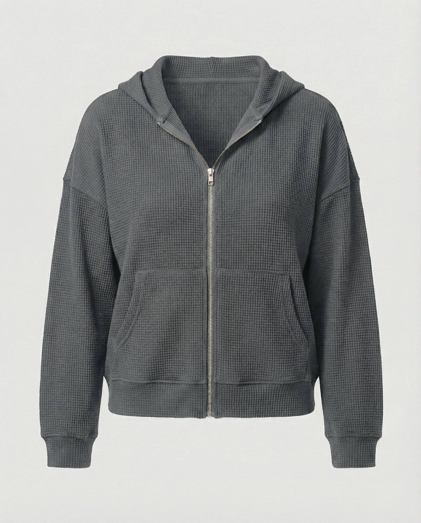 Damen Hoodie Jacke Lässig Waffle Mit Reißverschluss