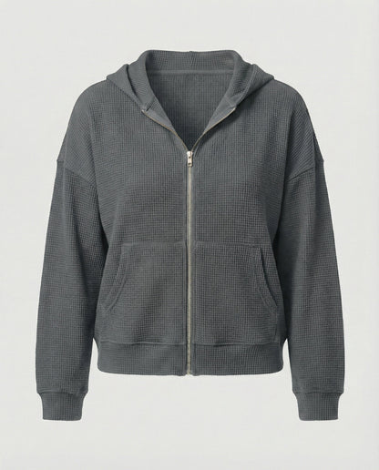 Damen Hoodie Jacke Lässig Waffle Mit Reißverschluss