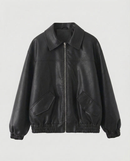 Damen Lederjacke Metallic Glanz Schwarz