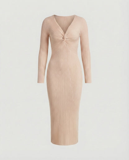 Damen Strickkleid Langärmlig Figurbetont Mit Knoten Detail