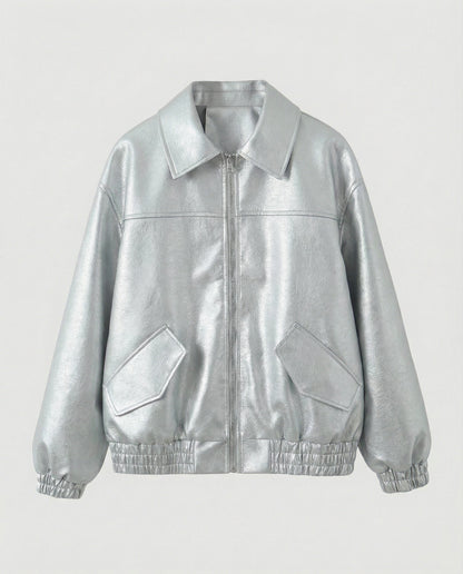Damen Lederjacke Metallic Glanz Schwarz