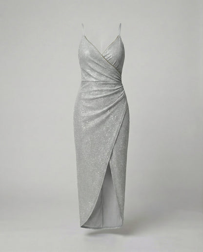 Glamouröses Damen Wickelkleid Hochgeschlitzt Glitzernd