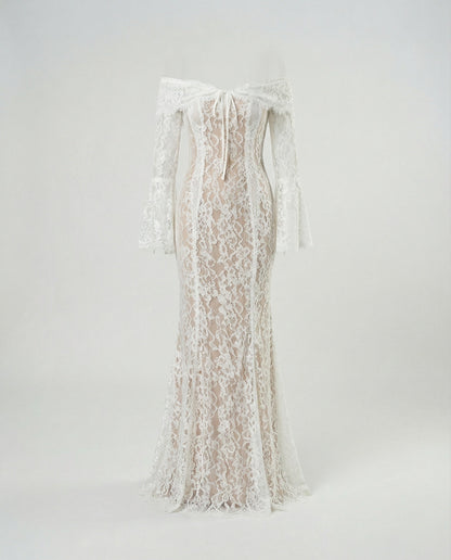 Elegantes Abendkleid Langarm Spitze Off-Shoulder