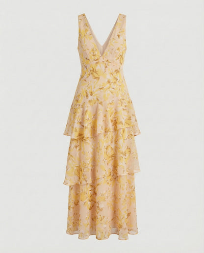 Weibliches Maxikleid Rüschen Tiefes Dekolleté
