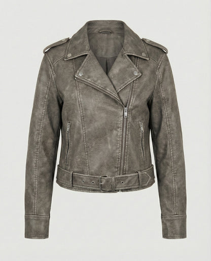 Kunstlederjacke Damen Bikerjacke Cropped Lederlook Schwarz