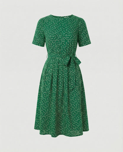 Damen Midi-Kleid Punkte Taillengürtel Elegant