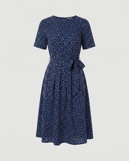 Damen Midi-Kleid Punkte Taillengürtel Elegant