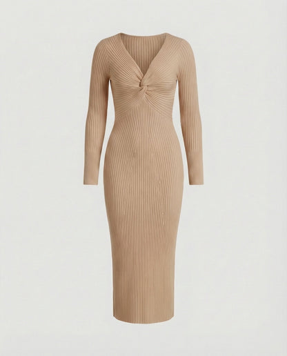 Damen Strickkleid Langärmlig Figurbetont Mit Knoten Detail