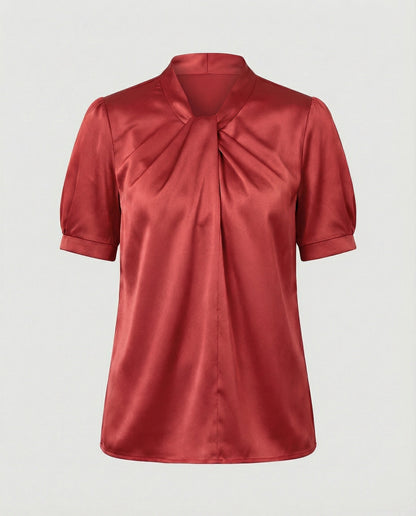 Damen Bluse Top mit Krawattenkragen Elegante Satin