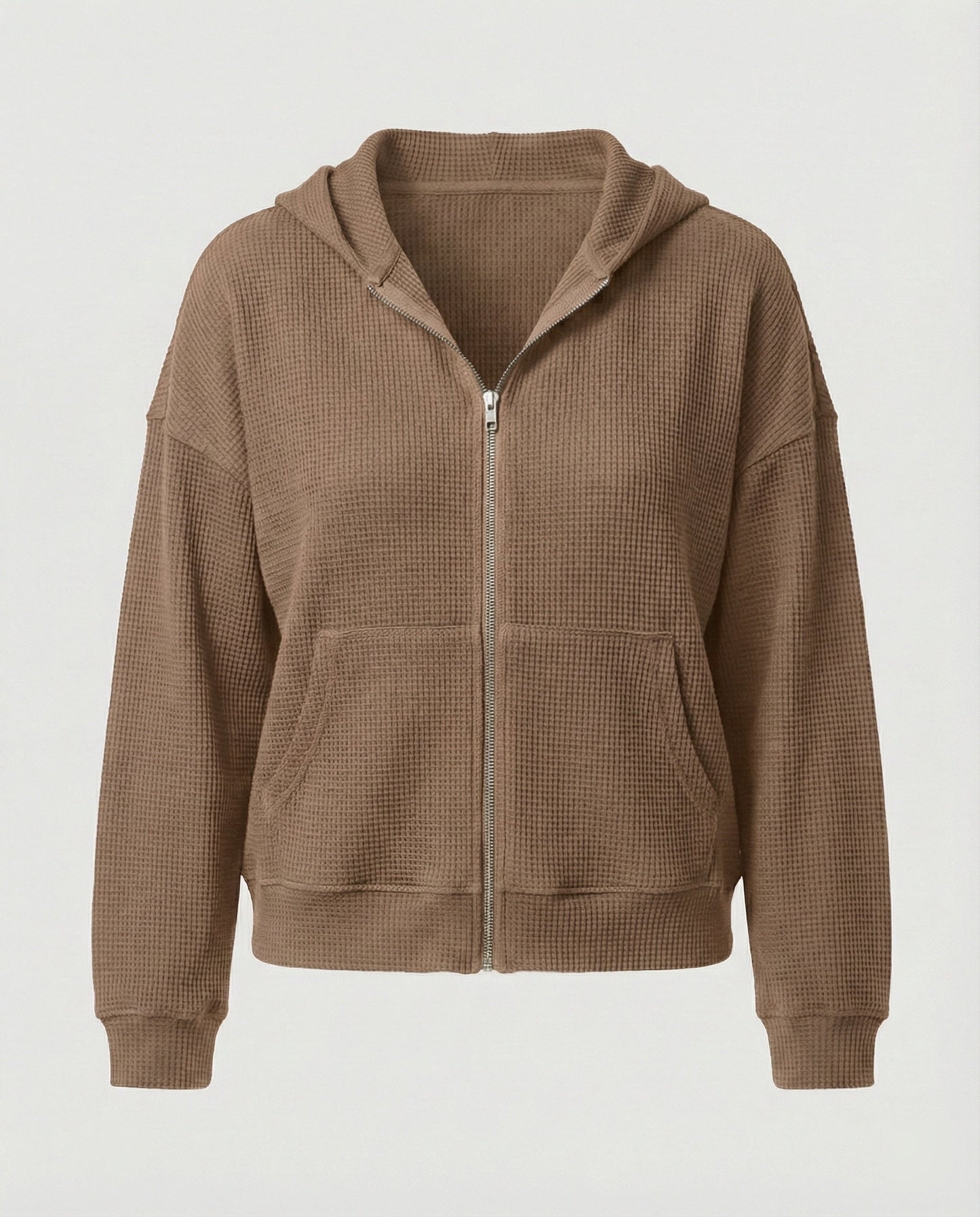 Damen Hoodie Jacke Lässig Waffle Mit Reißverschluss
