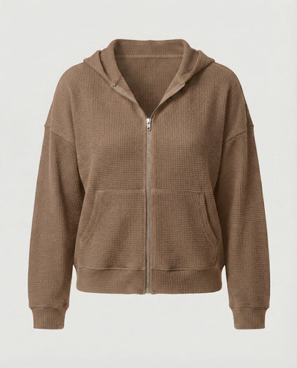 Damen Hoodie Jacke Lässig Waffle Mit Reißverschluss