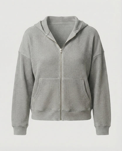 Damen Hoodie Jacke Lässig Waffle Mit Reißverschluss