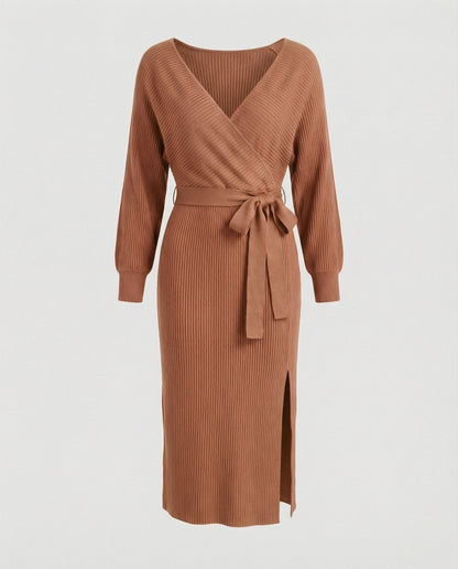 Elegantes Damen Strickkleid mit Wickeldesign und Gürtel