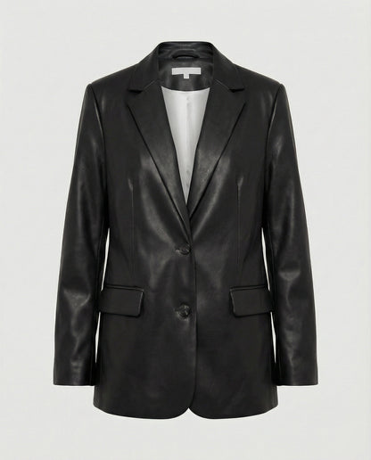 Damen Blazer Oversized Kunstleder Trendig Schwarz