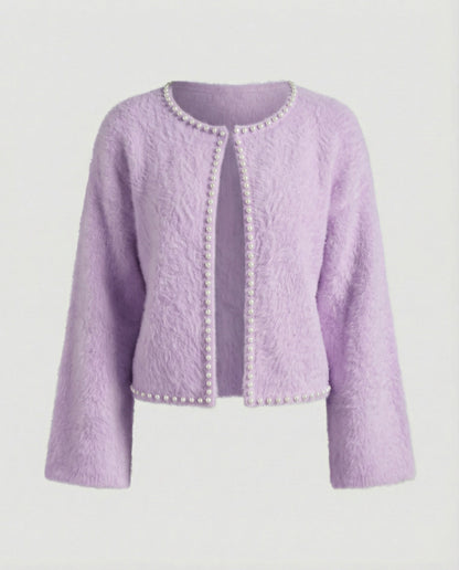 Damen Strickjacke Flauschig mit Perlen Verzierung
