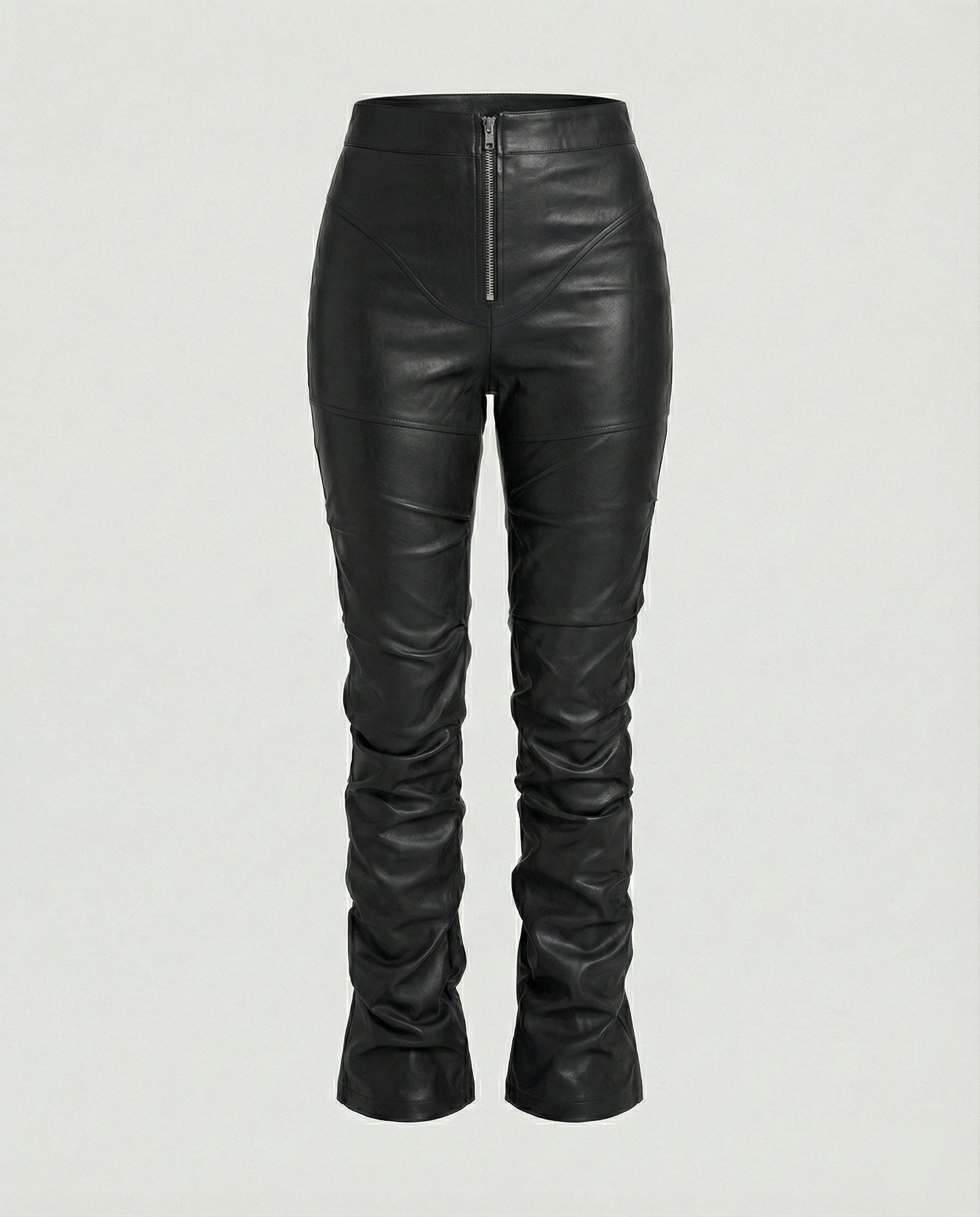 Damen High-Waist Hose Kunstleder Weites Bein Schwarz
