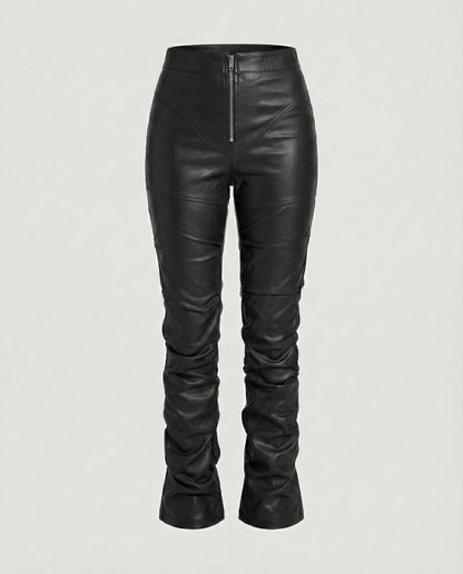 Damen High-Waist Hose Kunstleder Weites Bein Schwarz