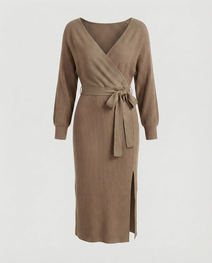 Elegantes Damen Strickkleid mit Wickeldesign und Gürtel