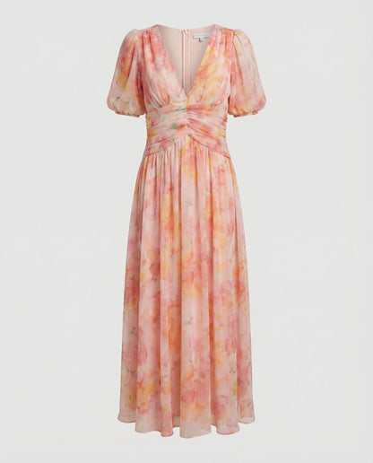 Damen Maxikleid mit Puffärmeln Wickelkleid Lang