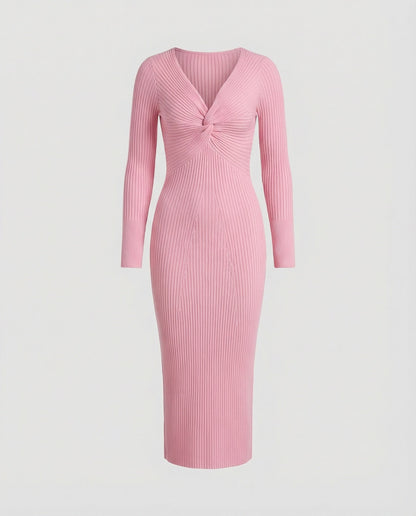Damen Strickkleid Langärmlig Figurbetont Mit Knoten Detail