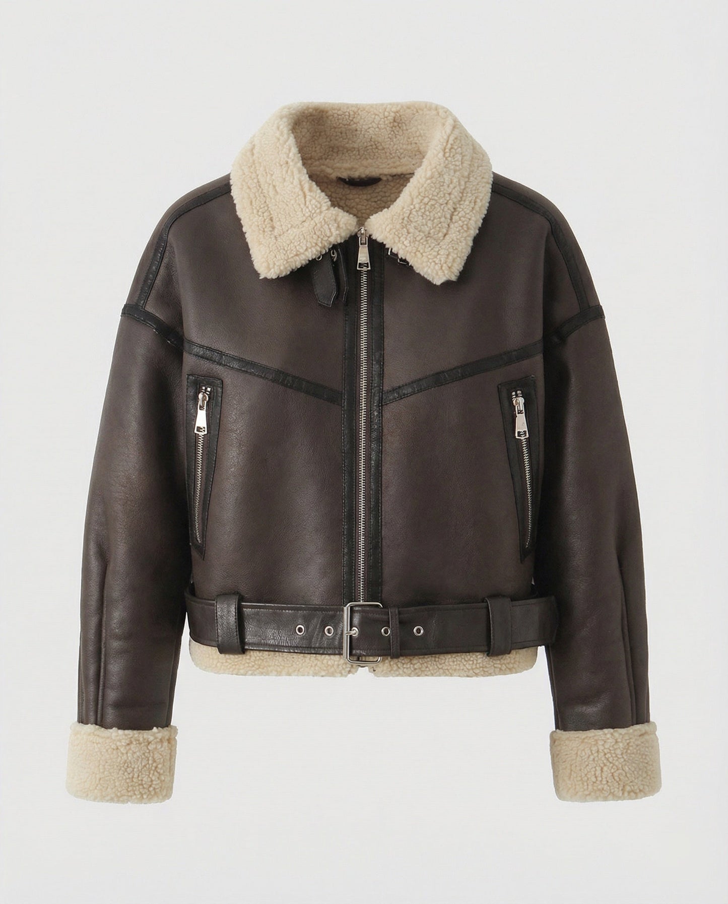 Lederjacke Damen Lang Teddyfutter Gürtel Schwarz