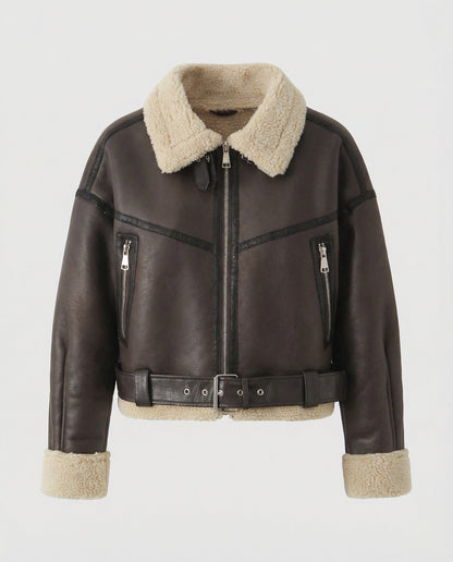 Lederjacke Damen Lang Teddyfutter Gürtel Schwarz