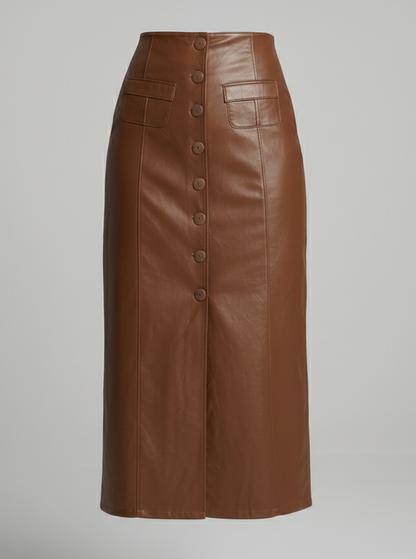 Lederrock Damen Lang Knopfleiste Schwarz Elegent