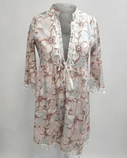 Sommerkleid Damen Blumenmuster Hochkragen Strandkleid Modern