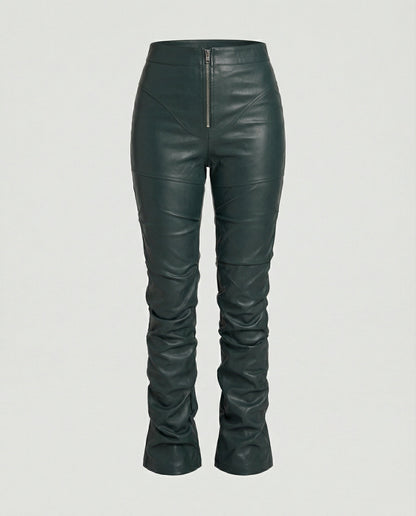 Damen High-Waist Hose Kunstleder Weites Bein Schwarz