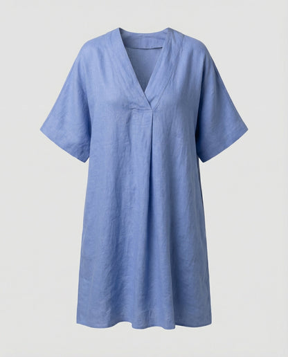 Damen Leinen Maxikleid V-Ausschnitt Weit Ärmel Sommerkleid
