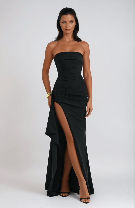 Elegantes Damen Maxikleid Trägerlos mit Seiten Schlitz - BerlinGlamour