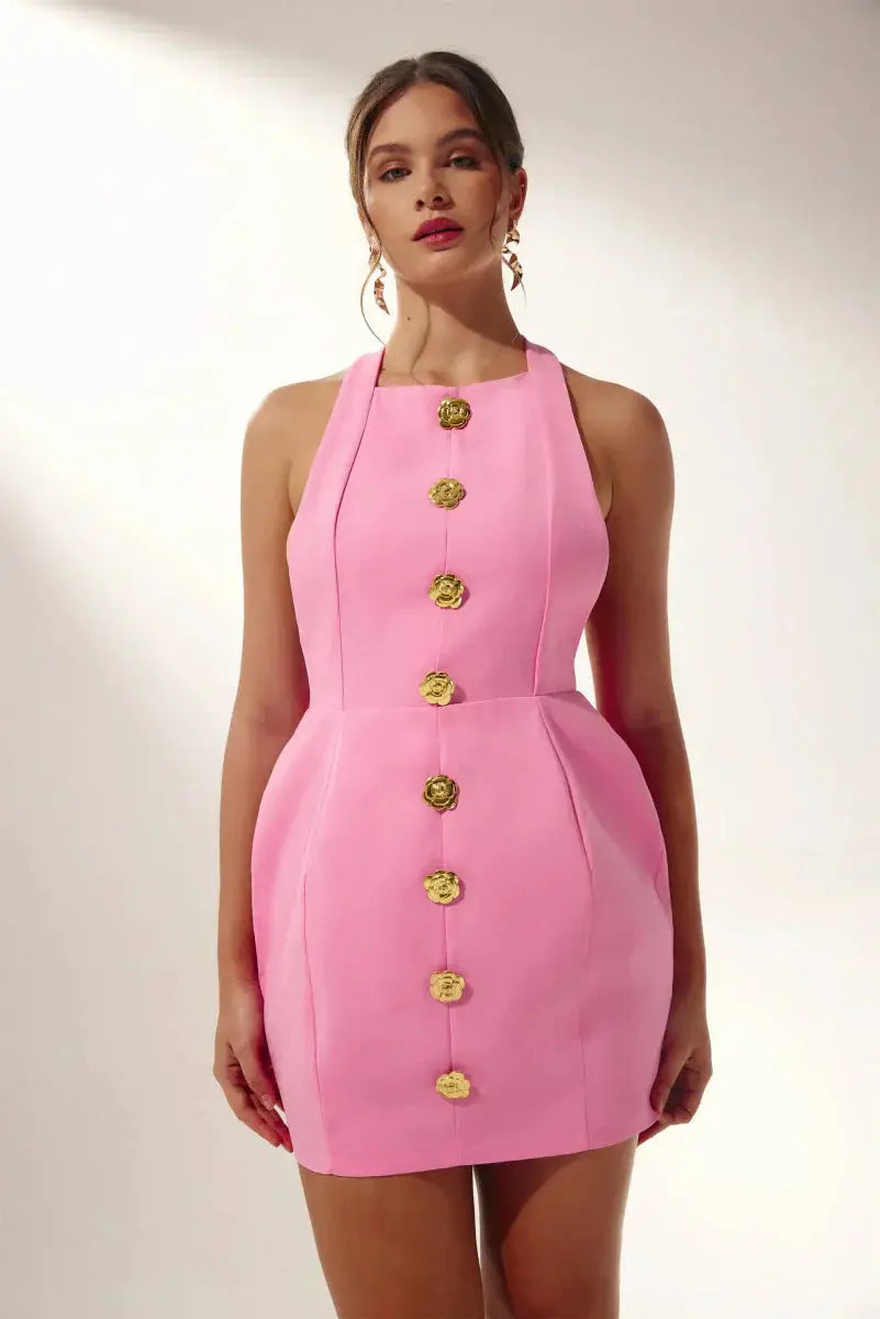 Damen Minikleid Halterneck Gold Knöpfe Sommerkleid - BerlinGlamour
