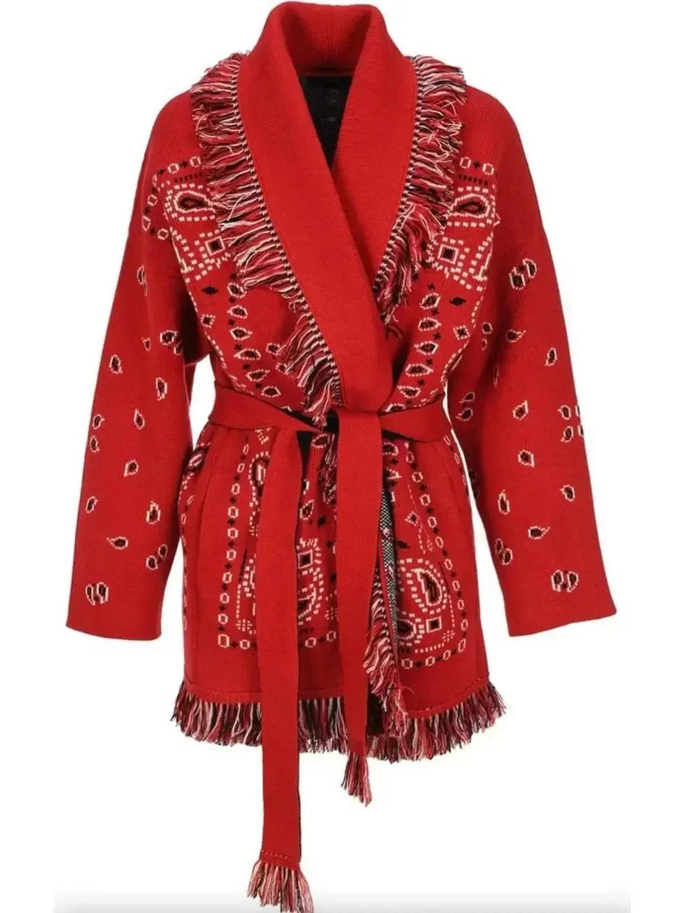 Damen Cardigan Strickjacke Warm mit Fransen und Muster