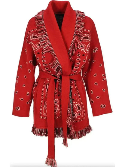 Damen Cardigan Strickjacke Warm mit Fransen und Muster