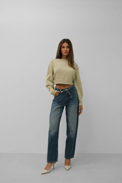 Damen Pullover Beige Raglan Ärmel Crop Top - BerlinGlamour