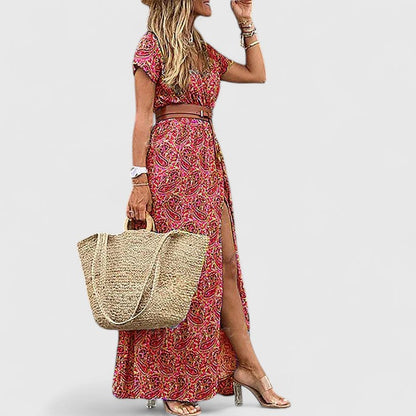 Damen Maxikleid Boho Stil V-Ausschnitt Lässig