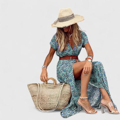 Damen Maxikleid Boho Stil V-Ausschnitt Lässig