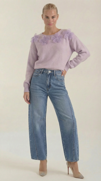 Frauen Pullover Blumenmuster Rundhals - BerlinGlamour