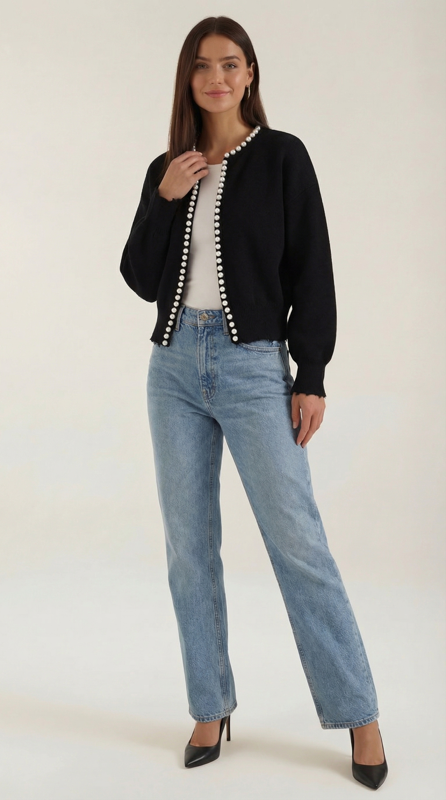 Strickjacke Damen Perlenbesatz Elegante Frauenjacke - BerlinGlamour
