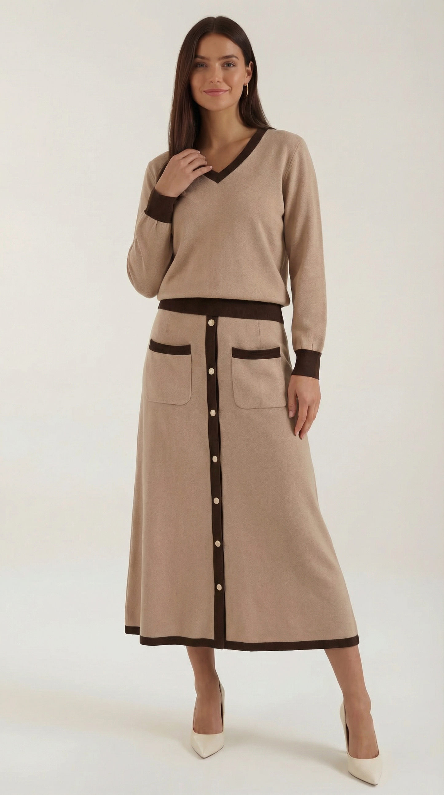 Damen Pullover V-Ausschnitt mit Midi Rock Set - BerlinGlamour