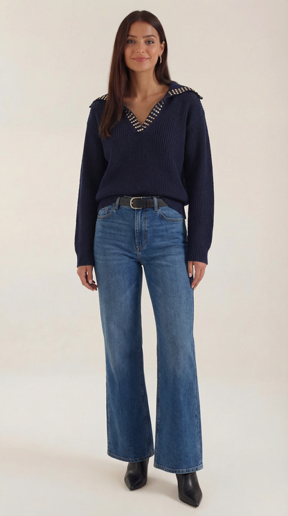 Strickpullover Damen Nietenkragen V-Ausschnitt Modern - BerlinGlamour
