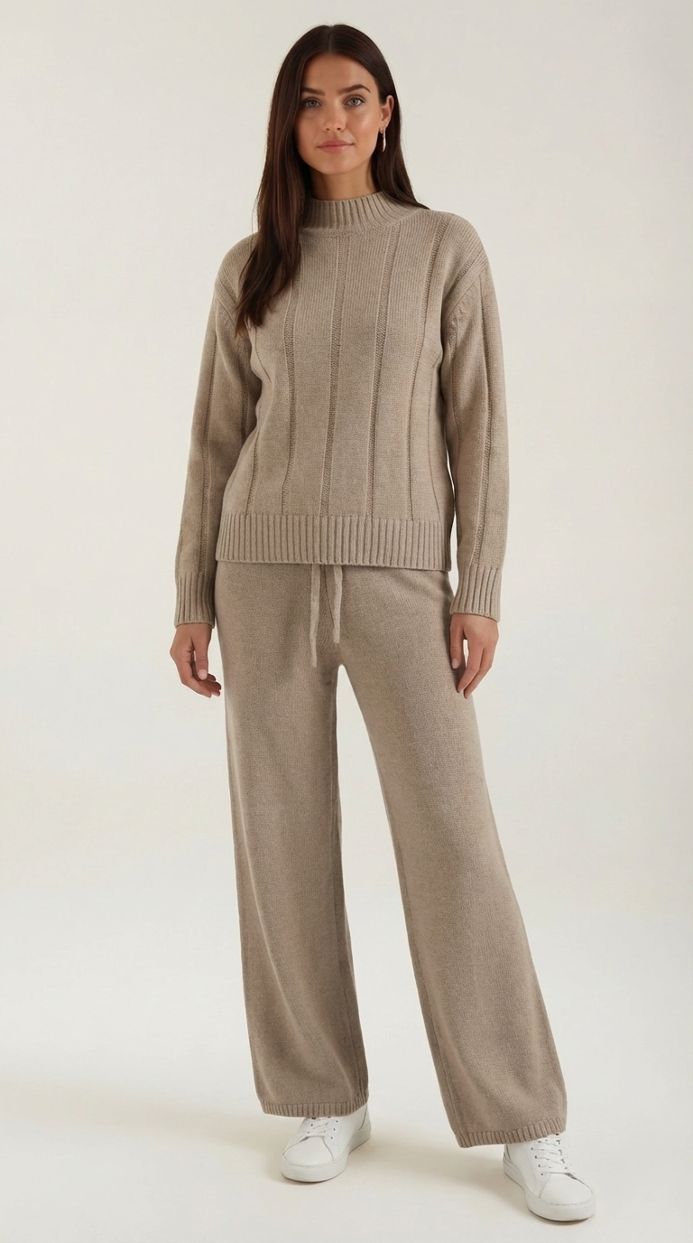 Damen Strickpullover Set mit Weite Hose Bequem - BerlinGlamour
